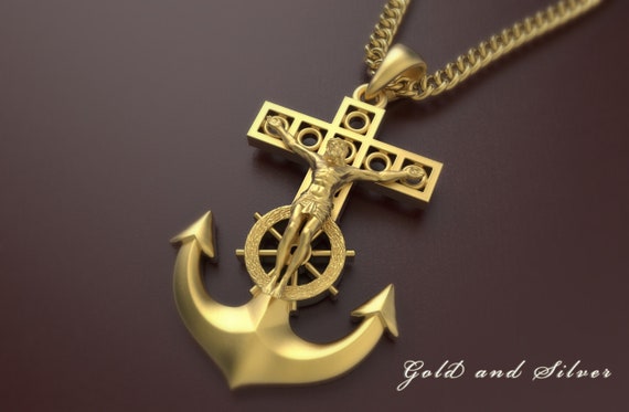 Gold Anchor Jesus Pendant Sterling 