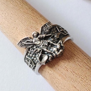Oxidized Sterling Silver St Michael Archangel Ring - Handmade