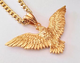 Yellow Gold Plated Eagle with Open Wings Pendant | Silver 925 Eagle Pendant | Silver Eagle Pendant | Men's Eagle Pendant | Eagle Necklace