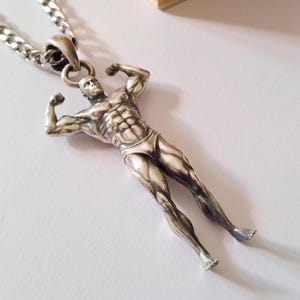 Oxidized Silver 925 Bodybuilder Full Body Pendant | Handcrafted Aged Silver 925 Bodybuilder Necklace | Men's Silver Bodybuilder Pendant