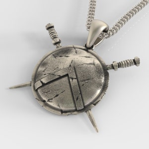 Aged Sterling Silver Spartan Shield Pendant: Men&#39;s Warrior Necklace
