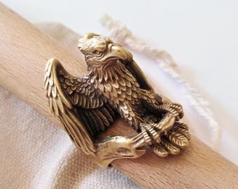 Large Handmade Oxidized Brass Eagle Ring | Vitntage Eagle Jewelry for Men | Eagle Statement Ring | Antique Brass Eagle | Men's Eagle Ring