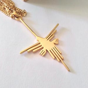 Yellow Gold Nazca Bird Pendant | Handcrafted Silver 925 Nazca Bird Necklace | Gold Peru Hummingbird Pendant | Women&#39;s Nazca Lines Necklace