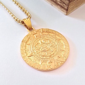 Yellow Gold Aztec Calendar Sun Pendant | Handmade Silver 925 Aztec Calendar Pendant | Aztec Sun Pendant | Men&#39;s Aztec Calendar Sun Pendant