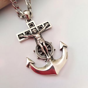 Oxidized Silver 925 Anchor Jesus Pendant | Handcrafted Aged Silver 925 Anchor Necklace | Men Anchor Jesus Pendant | Unisex Nautical Jewelry