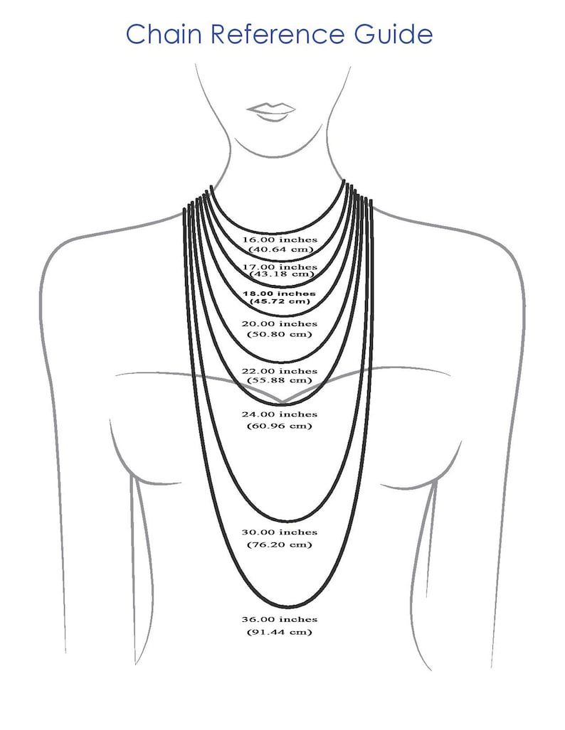 May include: A diagram illustrating chain lengths, with a woman's silhouette wearing necklaces of varying lengths. The image includes measurements in inches and centimeters, ranging from 16.00 inches (40.64 cm) to 36.00 inches (91.44 cm). The text at the top reads "Chain Reference Guide."