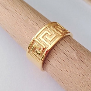 Yellow Gold Meanders Ring | Men&#39;s Handmade Silver 925 Meander Ring | Yellow Gold Greek Key Ring | Women&#39;s Meander Ring | Men&#39;s Meanders Ring