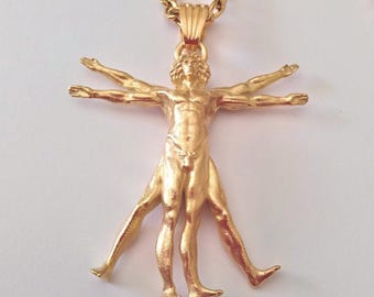 Yello Gold Plated Vitruvian Man Pendant | Handcrafted Silver 925 Vitruvian Man Necklace | Men's Silver 925 Vitruvian Man Jewelry