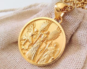 Yellow Gold Plated St Michael Archangels Pendant | Handcrafted Silver 925 Raphael Archangel Necklace | Men's Gabriel Archangel Pendant