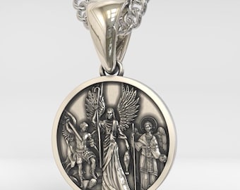 Oxidized Silver 925 St Michael Archangels Pendant | Handcrafted Aged Silver 925 Raphael Archangel Necklace | Men Gabriel Archangel Pendant