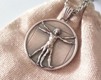 Oxidized Silver 925 Vitruvian Man Pendant | Handcrafted Aged Sterling Silver Vitruvian Man Necklace | Men's Silver 925 Vitruvian Man Pendant