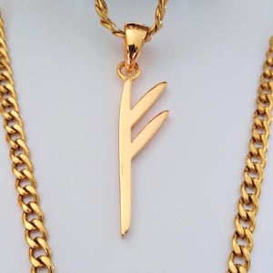 Wisiorek Fehu z runicznym symbolem, platerowany żółtym złotem | Ręcznie wykonany wisior runiczny wikingów ze srebra próby 925 | Męski wisiorek z runicznym symbolem | Mosiądz platerowany złotem