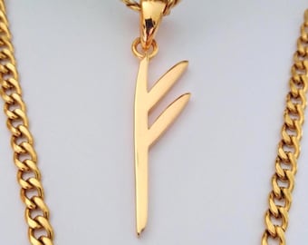 Gelbgold überzogener Runen Symbol Fehu Anhänger | Handgefertigter Silber 925 Wikinger Runen Anhänger | Herren Runen Symbol Anhänger | Vergoldetes Messing
