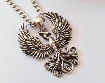 Oxidized Silver 925 Phoenix Bird Pendant | Handcrafted Aged Sterling Silver Rising Phoenix Necklace | Men's Phoenix Pendant | Women Phoenix
