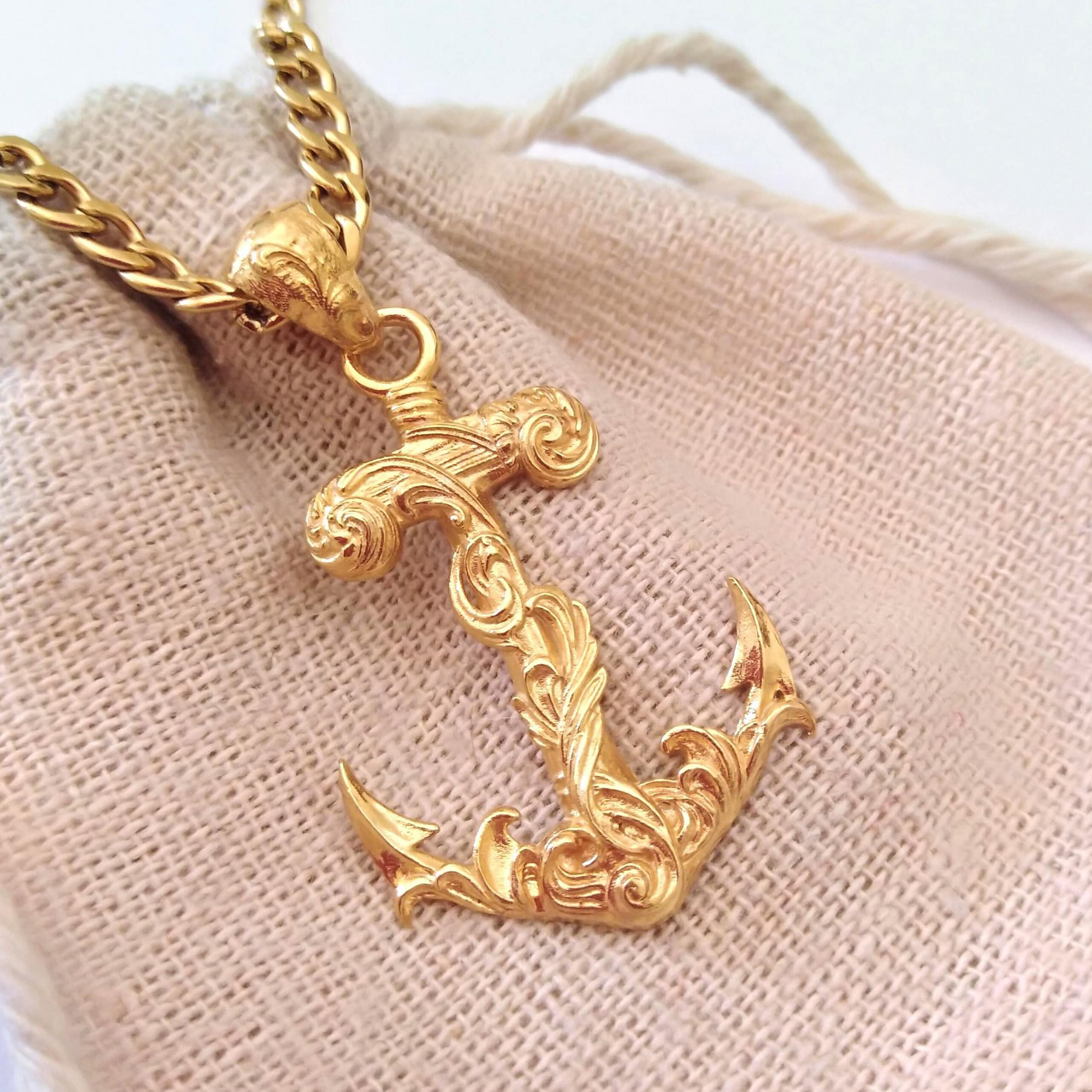Men's Stainless Steel Anchor Pendant with Leather Necklace Gold Plated