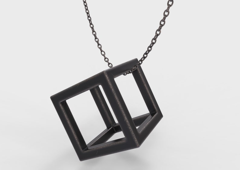 Gift for Him Geometric Necklace Cubic Jewelry Silver Wired Cube Pendant Gift for Her Blackened Silver Cube Pendant Geometric Jewelry