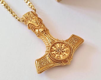 Wisiorek Mjölnir z żółtego złota | Ręcznie wykonany wisiorek Mjölnir ze srebra 925 | Wisiorek Młot Thora | Męski srebrny wisiorek Mjölnir