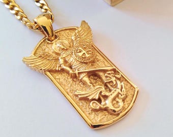 Gelb Gold überzogener St Michael Erzanhel Anhänger | Handgefertigte Massiv Silber 925 St Michael Erzengel Halskette | St Michael Erzengel Anhänger