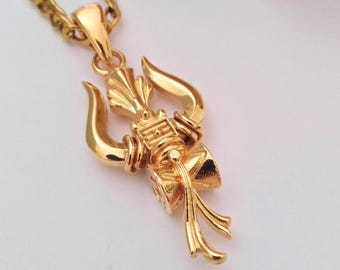 Yellow Gold Plated Shiva Trident Pendant | Handcrafted Solid Sterling Silver Trishul Necklace | Gold Plated Shiva Trident Pendant