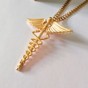 Yellow Gold Rod of Caduceus Pendant | Handmade Silver 925 Rod of Asclepius Necklace | Gold Plated Caduceus Pendant | Women&#39;s Gold Necklace