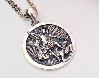 Oxidized Solid Silver 925 St Michael Archangel Pendant | Handcrafted Solid Aged Silver St Michael Archangel Necklace | St Michael Archangel