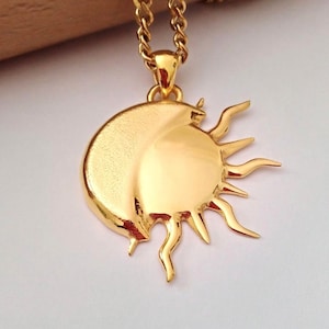 Gold Moon and Sun Pendant, Sterling Silver Moon and Sun Necklace, Moon Jewelry, Silver Moon Necklace, Women's Gold Pendant,Celestial Jewelry