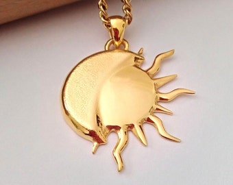 Yellow Gold Plated Moon and Sun Pendant | Handcrafted Silver 925 Moon and Sun Necklace | Moon Jewelry | Moon Necklace | Celestial Jewelry