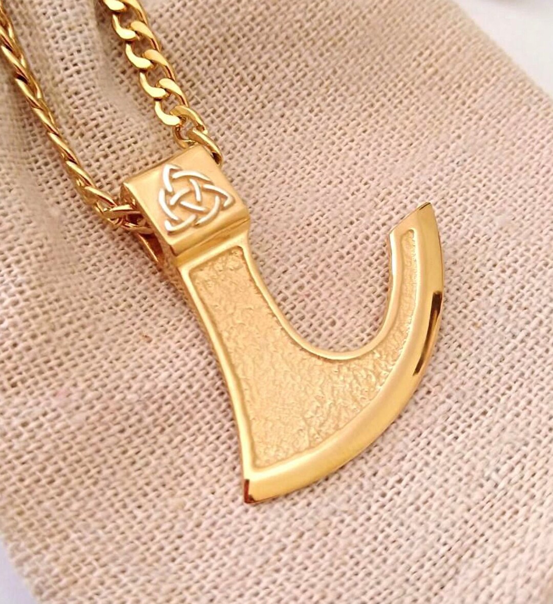 Gold Viking Axe Head Pendant, Silver 925 Triquetra Axe Necklace, Gold