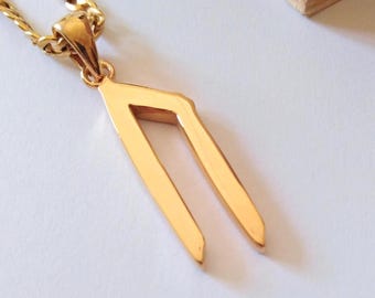 Gelb Gold überzogener Runen Symbol Uzur Anhänger | Handgefertigter Silber 925 Wikinger Runen Anhänger | Herren Runen Symbol Anhänger