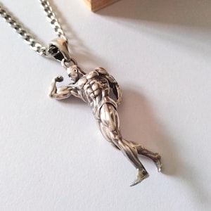 Oxidized Silver 925 Full Body Pose Bodybuilder Pendant | Handcrafted Aged Sterling Silver Bodybuilder Necklace | Men's Bodybuilder Pendant