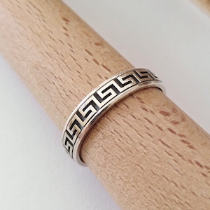 Oxidized Silver 925 Thin Band Greek Key Ring | Handcrafted Aged Sterling Silver Greek Meanders Ring | Greek Jewelry | Women&#39;s Greek Key Ring