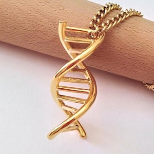 Può includere: Una collana dorata con una doppia catena e un ciondolo a forma di doppia elica del DNA.