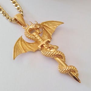 Yellow Gold Dragon Pendant | Silver 925 Dragon Pendant | Gold Dragon Necklace | Silver 925 Sword Pendant | Men's Dragon Sword Pendant