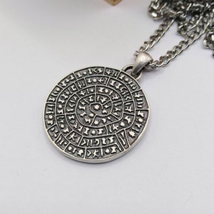 Aged Silver 925 Phaistos Disc Pendant | Handmade Silver Phaistos Disc Necklace |  Men Phaistos Disc Pendant | Oxidized Silver Greek Pendant