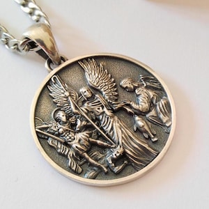 Oxidierte Silber 925 St Michael Erzengel Anhänger | Handgefertigte gealterte Silber 925 Raphael Erzengel Halskette | Herren Erzengel Gabriel Anhänger