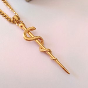 Yellow Gold Rod of Asclepius Pendant | Handcrafted Silver Rod of Asclepius Necklace | Asclepius Pendant | Women's Rod of Asclepius Pendant
