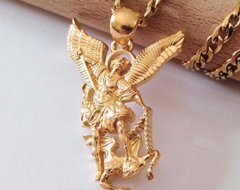 Yellow Gold Plated St Michael Archangel Pendant | Men's Silver 925 St Michael Archangel Necklace | Women's St Michael Archangel Pendant