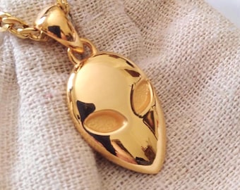 Geelgouden hanger alien hoofd | Handgemaakte zilveren buitenaardse ketting 925 | Wetenschapsketting | UFO-sieraden | Buitenaardse hanger | Messing