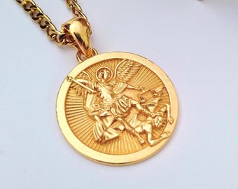 Yellow Gold Plated St Michael Archangel Pendant | Handcrafted Solid Silver 925 St Michael Archangel Necklace | St Michael Archangel Pendant