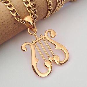Yellow Gold Lyre Pendant | Handcrafted Sterling Silver Harp Necklace | Women&#39;s Gold Lyre Necklace | Men&#39;s Sterling Silver Lyre Harp Pendant