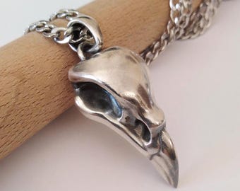 Oxidized Silver 925 Raven Skull  Pendant | Handcrafted Aged Sterling Silver Raven Skull Necklace | Men's Aged Silver 925 Raven Skull Pendant