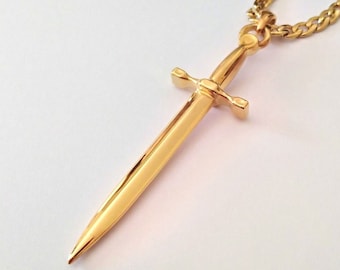 Yellow Gold Plated Sword Pendant | Sterling Silver Sword Necklace | Knight Blade Pendant | Mythical Sword Charm | Men's Silver Sword Charm