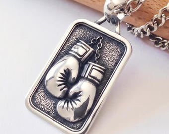 Oxidized Sterling Silver Boxing Gloves Pendant | Mens Boxing Glove Necklace | Fighter Pendant Gift | Gym Jewelry | Silver Gift for Boxer