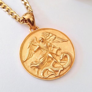 Yellow Gold St Michael Archangel Pendant | Silver 925 St Michael Archangel Necklace | Men's Sterling Silver St Michael Archangel Pendant
