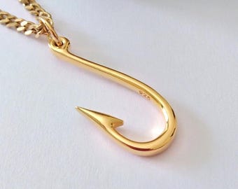 Yellow Gold Plated Hook Pendant | Silver Hook Necklace | Hook Jewelry | Silver Hook Pendant | FishingHook Pendant | Men's Hook Pendant