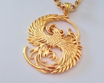 Yellow Gold Plated Phoenix Pendant | Handcrafted Silver Phoenix Necklace | Men's Phoenix Bird Jewelry | Phoenix Pendant | Women Necklace