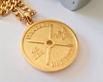 Yellow Gold Plated Barbell Disc Pendant | Handcrafted Silver 925 Barbell Disc Pendant | Men's Barbell Disc Pendant | Plated Brass Barbell