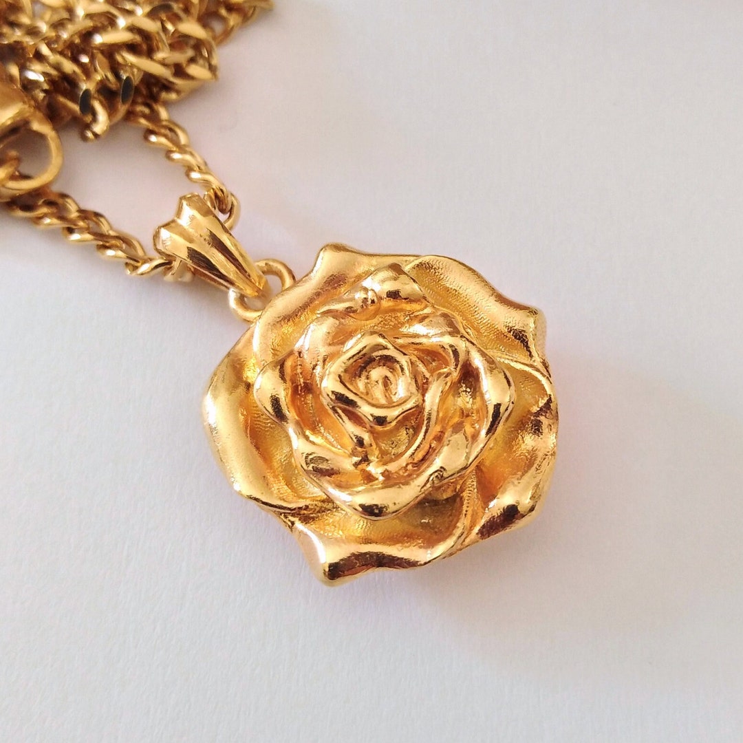 Gold Rose Pendant | Sterling Silver 925 Rose Necklace | Gold