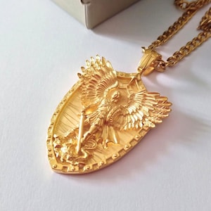 Yellow Gold Michael Archangel Pendant | Men&#39;s Handcrafted Silver 925 St Michael Archangel Necklace | Women&#39;s St Michael Archangel Necklace