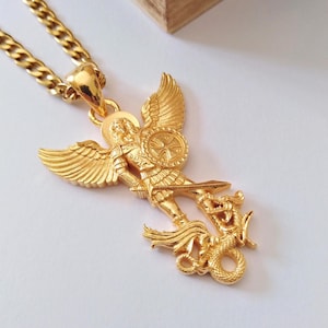 Yellow Gold St Michael Archangel Pendant | Handcrafted Silver 925 St Michael Archangel Necklace | Men's Silver St Michael Archangel Pendant